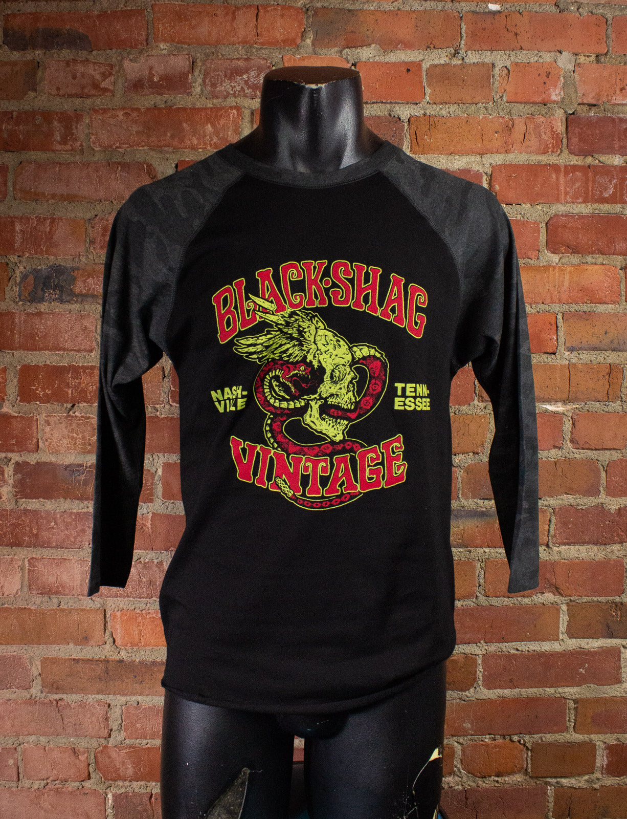 Black Shag Vintage Winged Skull & Snake Storm Camo T Shirt Raglan - Unisex XS to 2XL