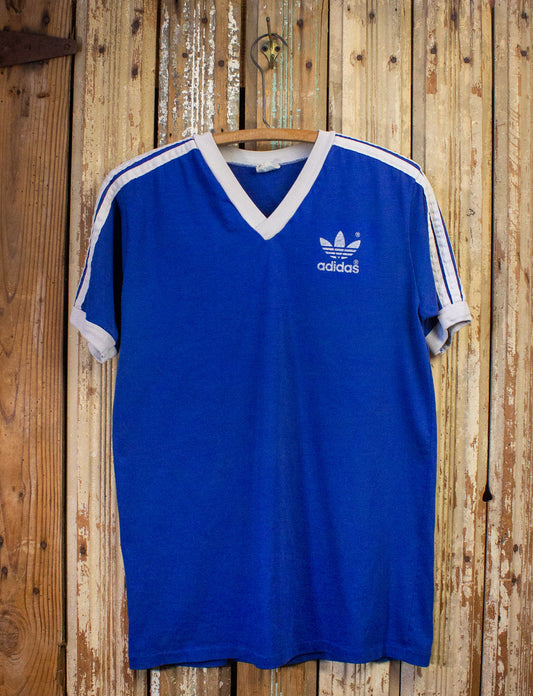 Vintage Adidas V Neck Ringer Graphic T Shirt 80s Blue Large