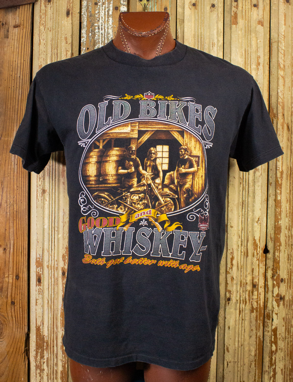 Vintage American Biker Old Bikes and Good Whiskey Graphic T Shirt 90s Black Large 