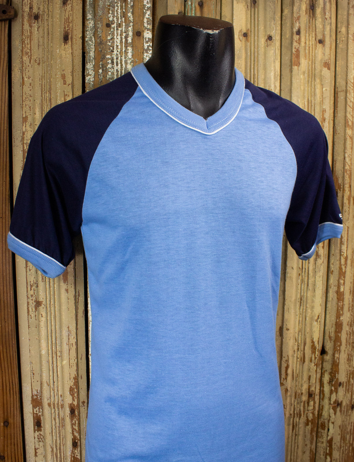 Vintage Bike V Neck T Shirt 70s Blue Medium