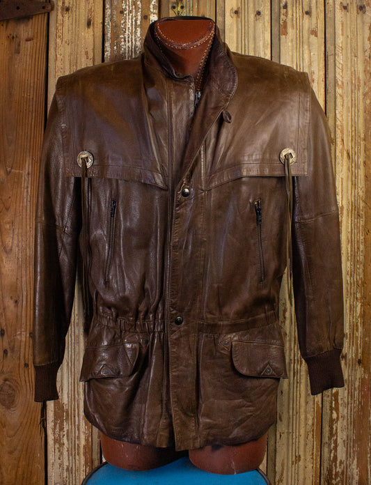 Vintage Brown Leather Jacket with Shoulder Flaps 80s XL