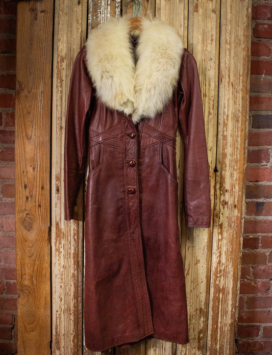 Vintage 70s East West Musical Instruments Brown Leather Coat with White Fur Collar XS