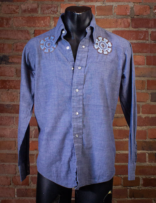 Vintage Chambray Flower Pearl Snap Western Shirt Blue Medium