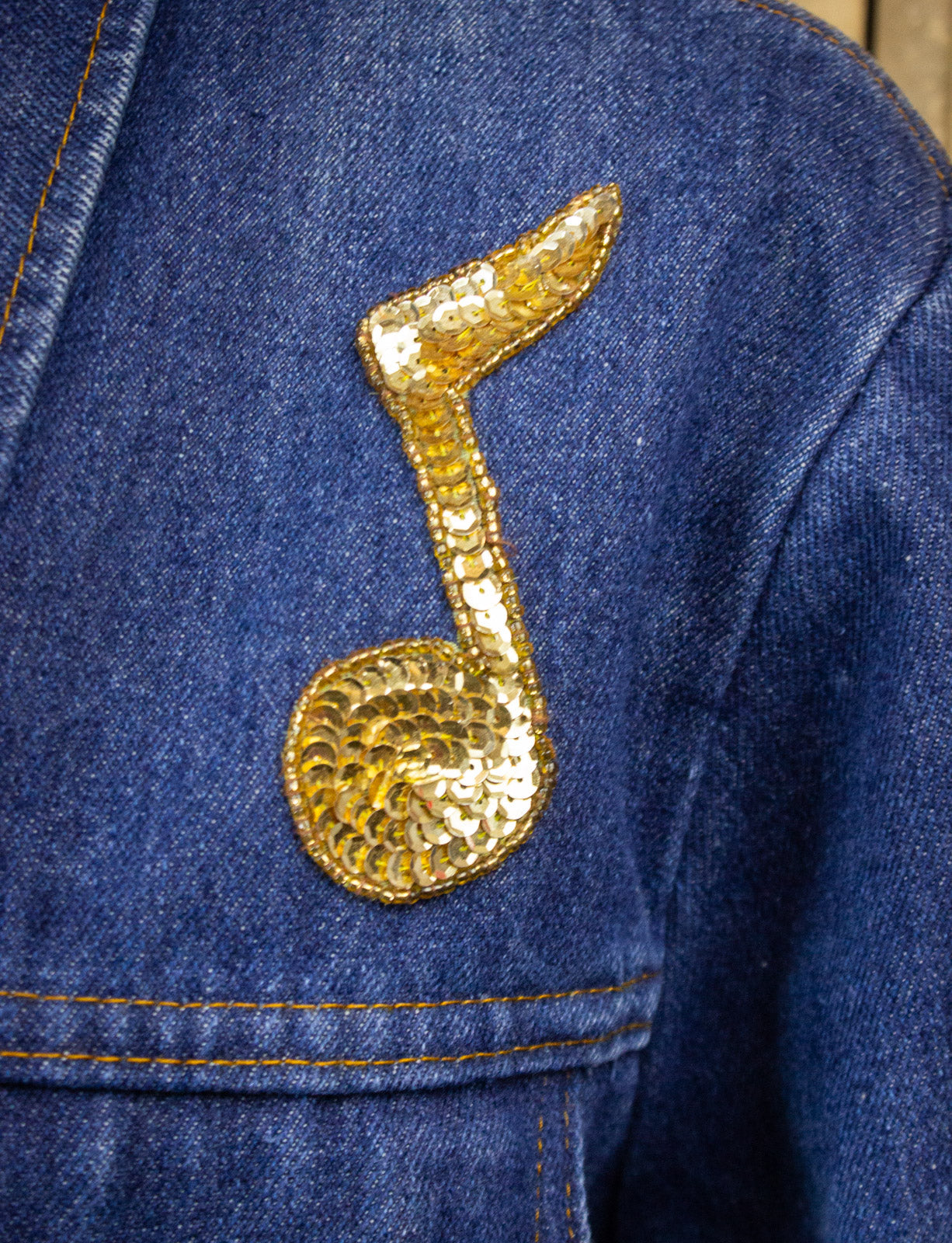 Vintage Denim Jacket with Sequin Music Note & Guitar XL