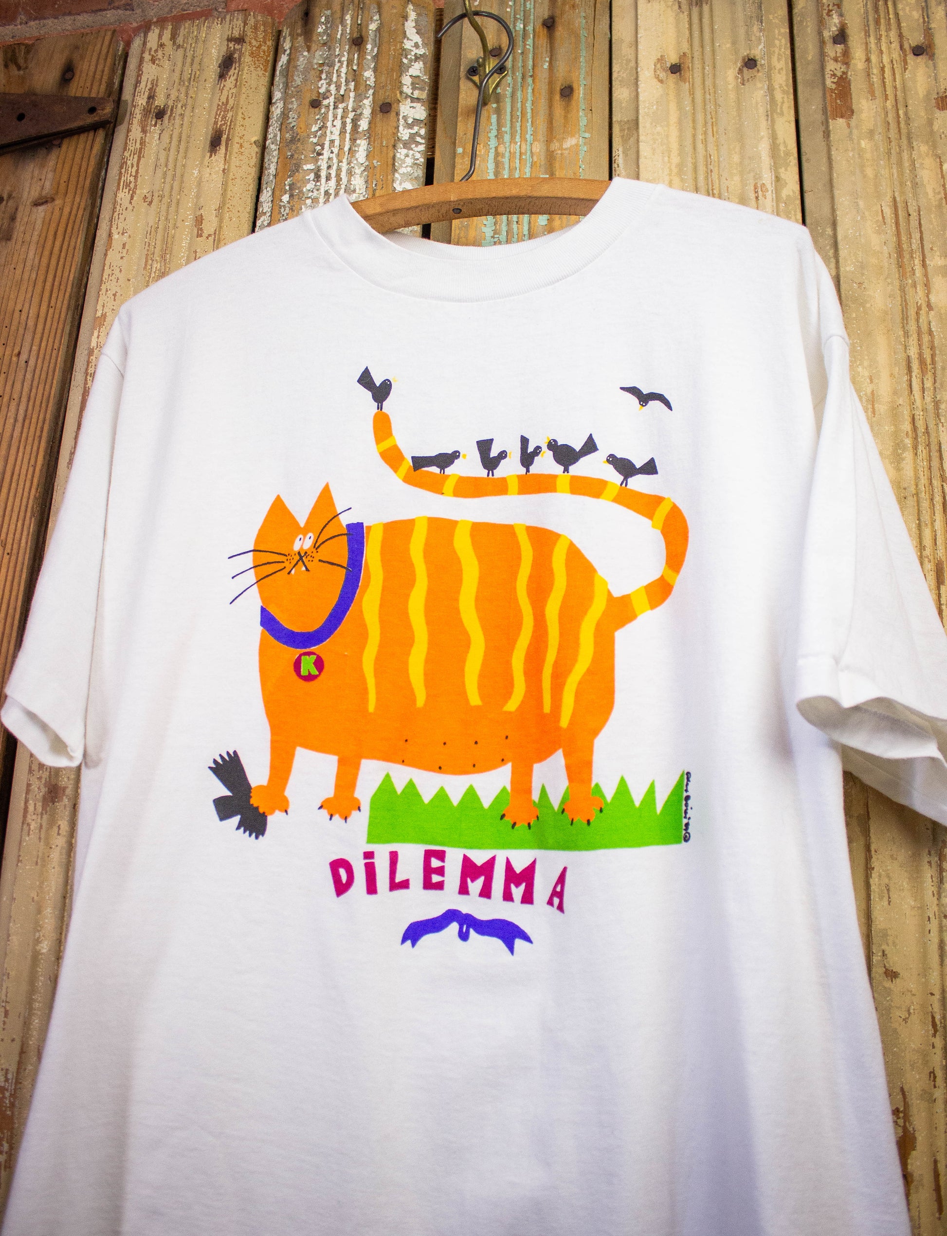 Vintage Dilemma Cat Graphic T Shirt 1989 White XL