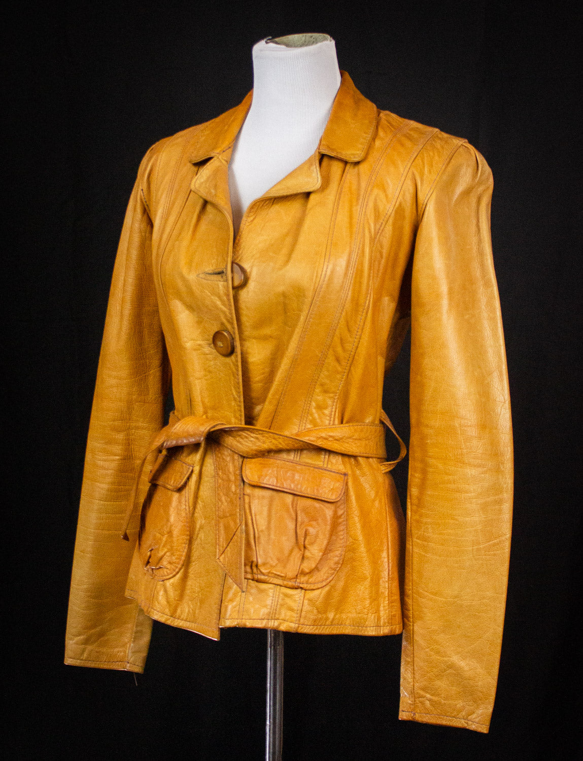 Vintage Women's East West Musical Instruments Tan Leather Jacket with Belt 70s Small