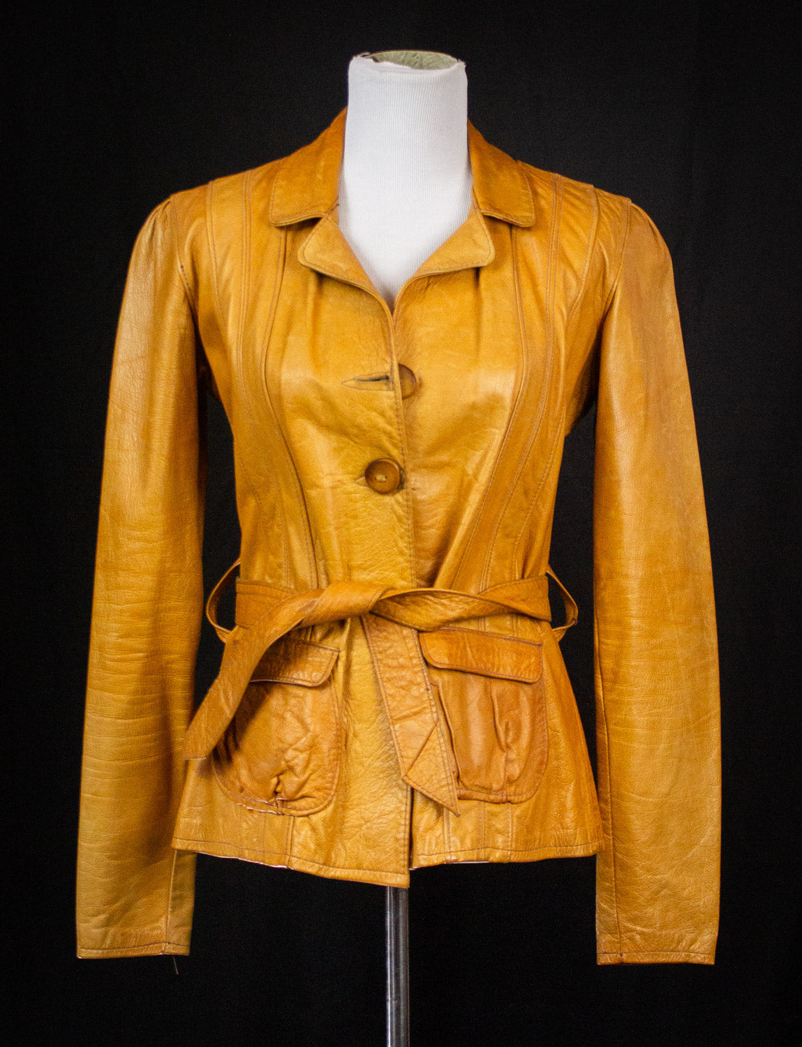 Vintage Women's East West Musical Instruments Tan Leather Jacket with Belt 70s Small