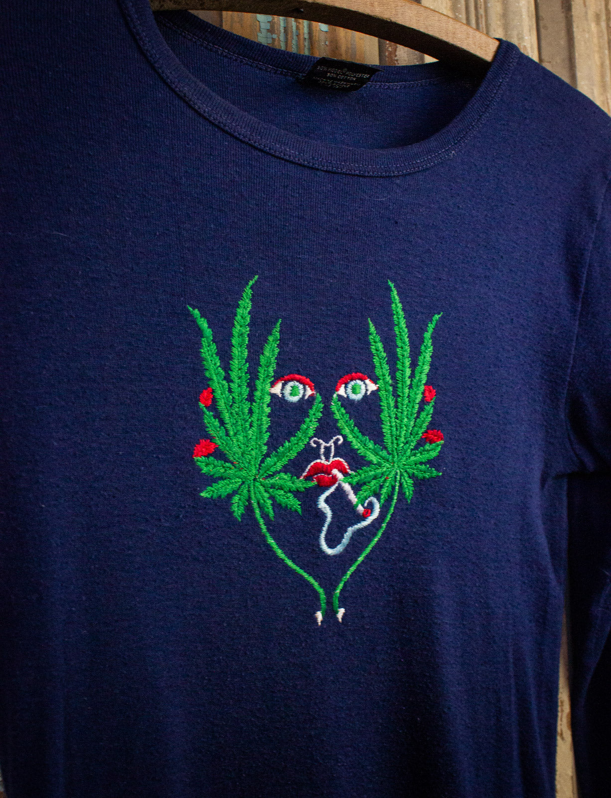 Vintage Embroidered Weed Face Graphic T Shirt 70s Blue XS