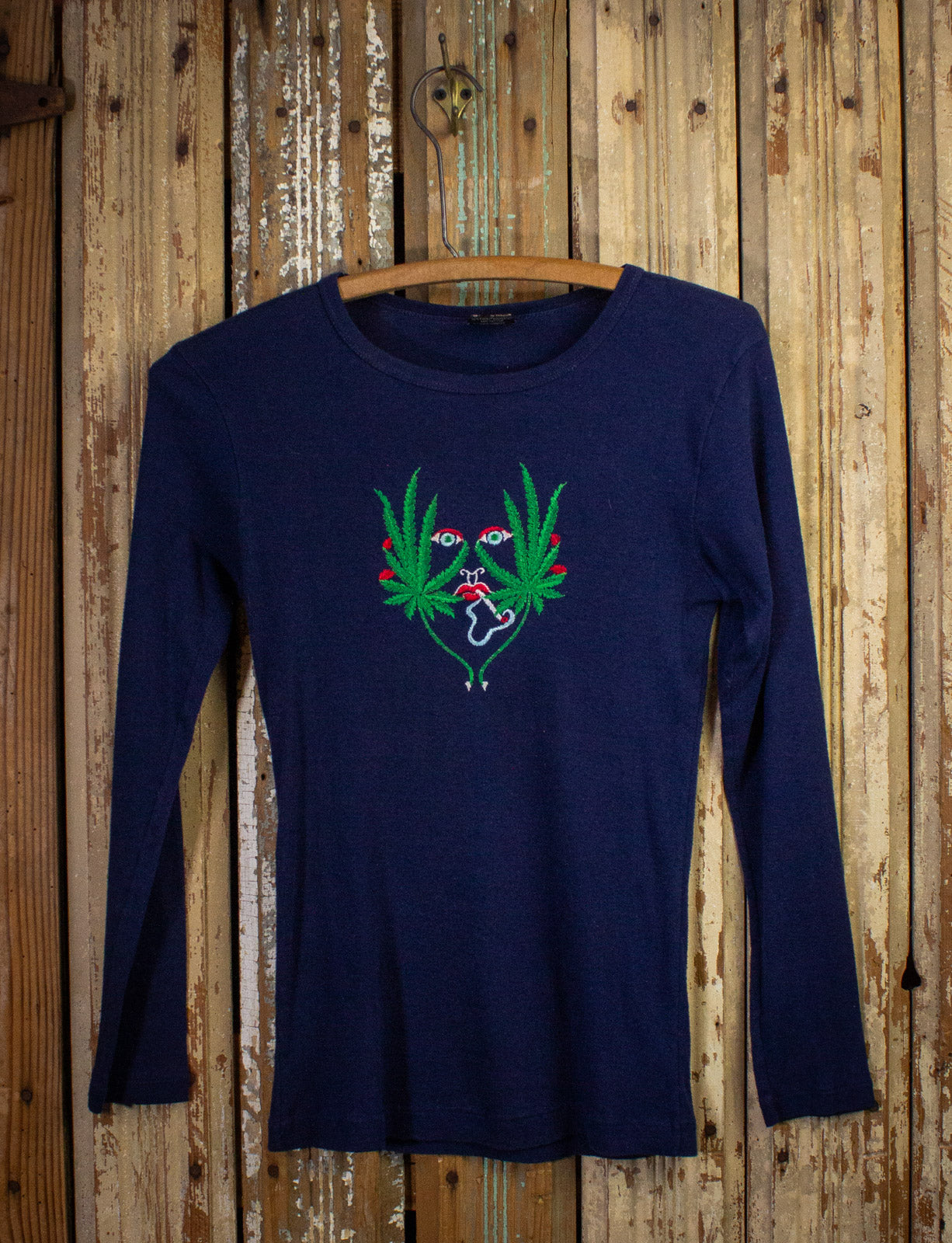 Vintage Embroidered Weed Face Graphic T Shirt 70s Blue XS