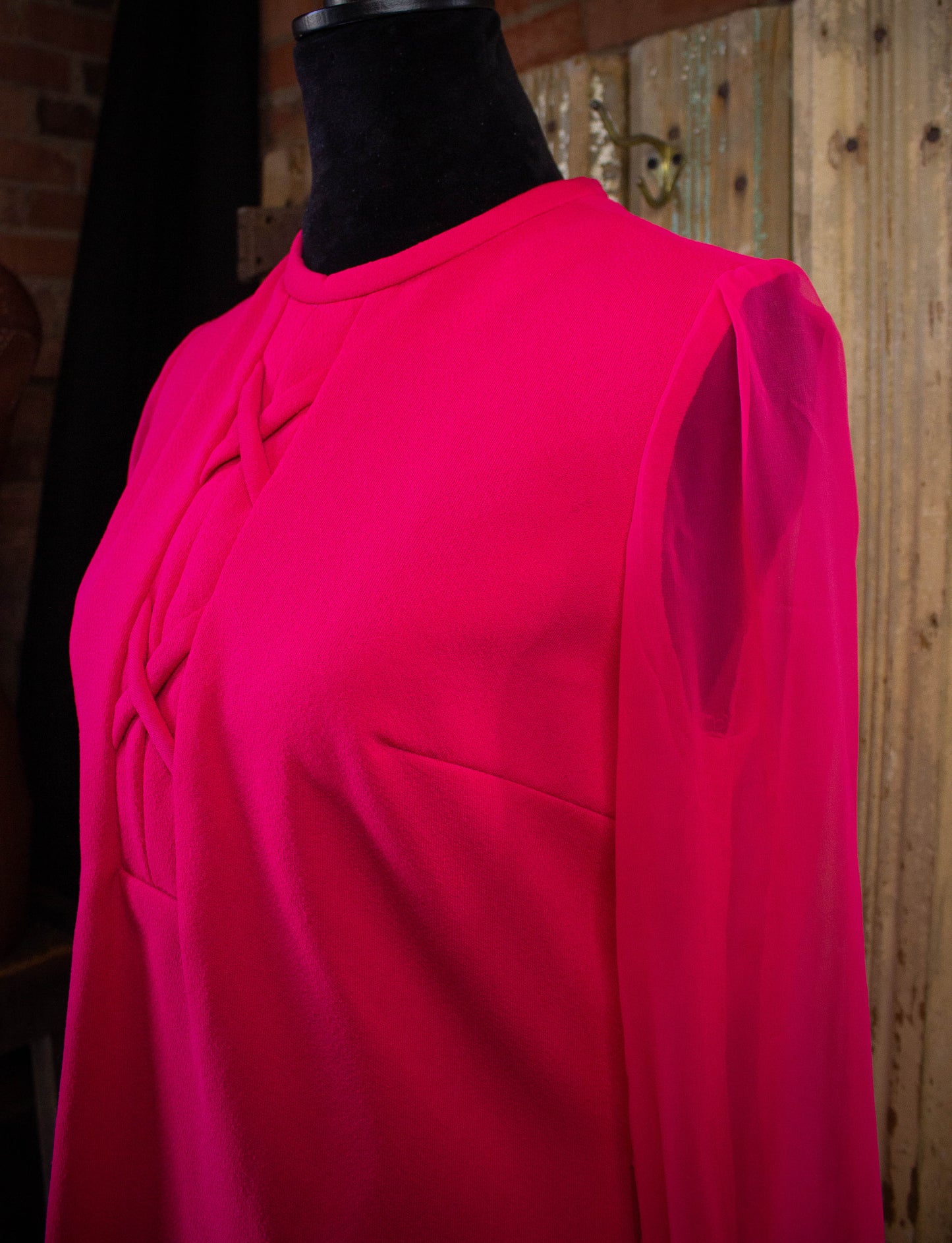 Vintage Fuchsia Sheer Sleeve Mini Dress 1970s M