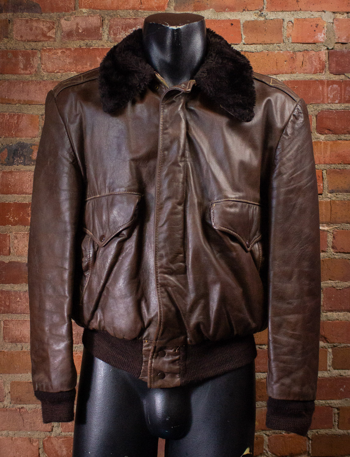 Vintage Genuine Leather Brown Bomber Jacket with Fur Collar Large