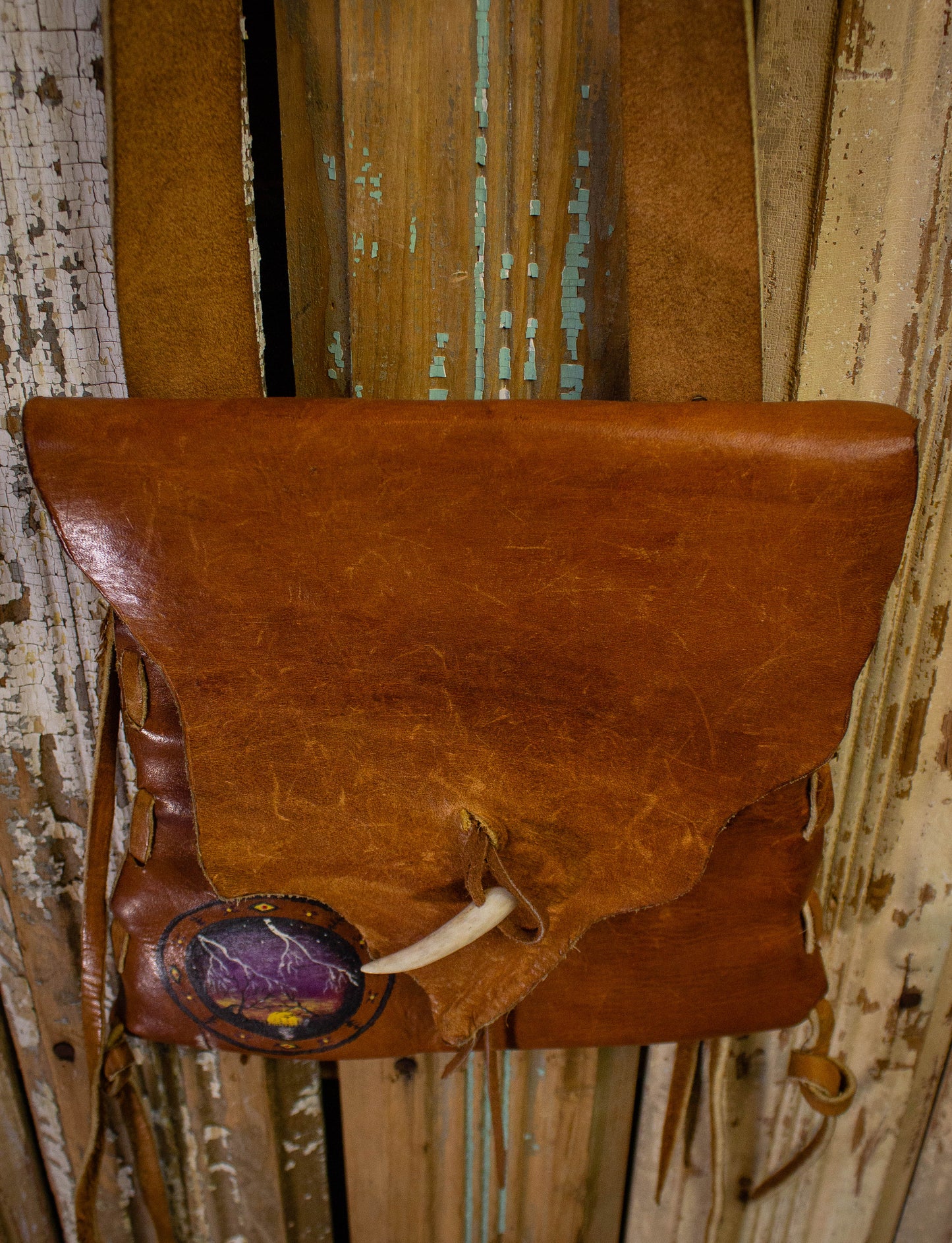 Vintage 70s Hand Painted Fringe Leather Brown Satchel