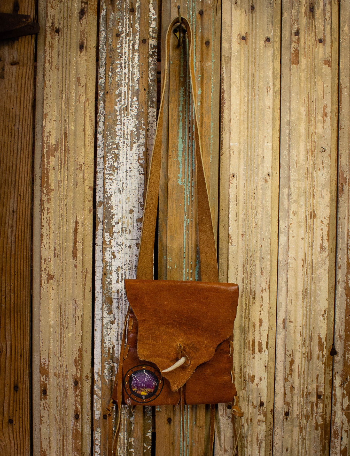 Vintage 70s Hand Painted Fringe Leather Brown Satchel