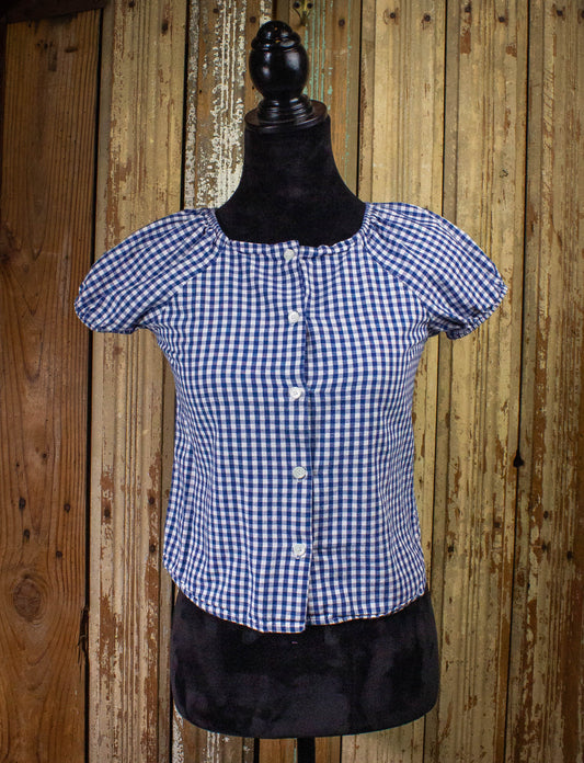 Vintage Hang Ten Plaid Blouse 70s White/Blue XS