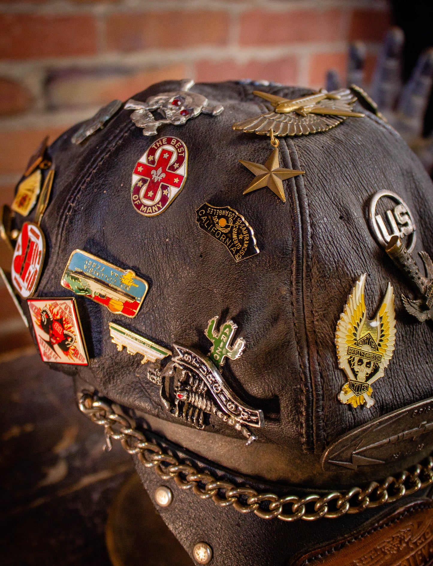 Vintage Harley Davidson Leather Biker Hat with Pins 70s/80s Black