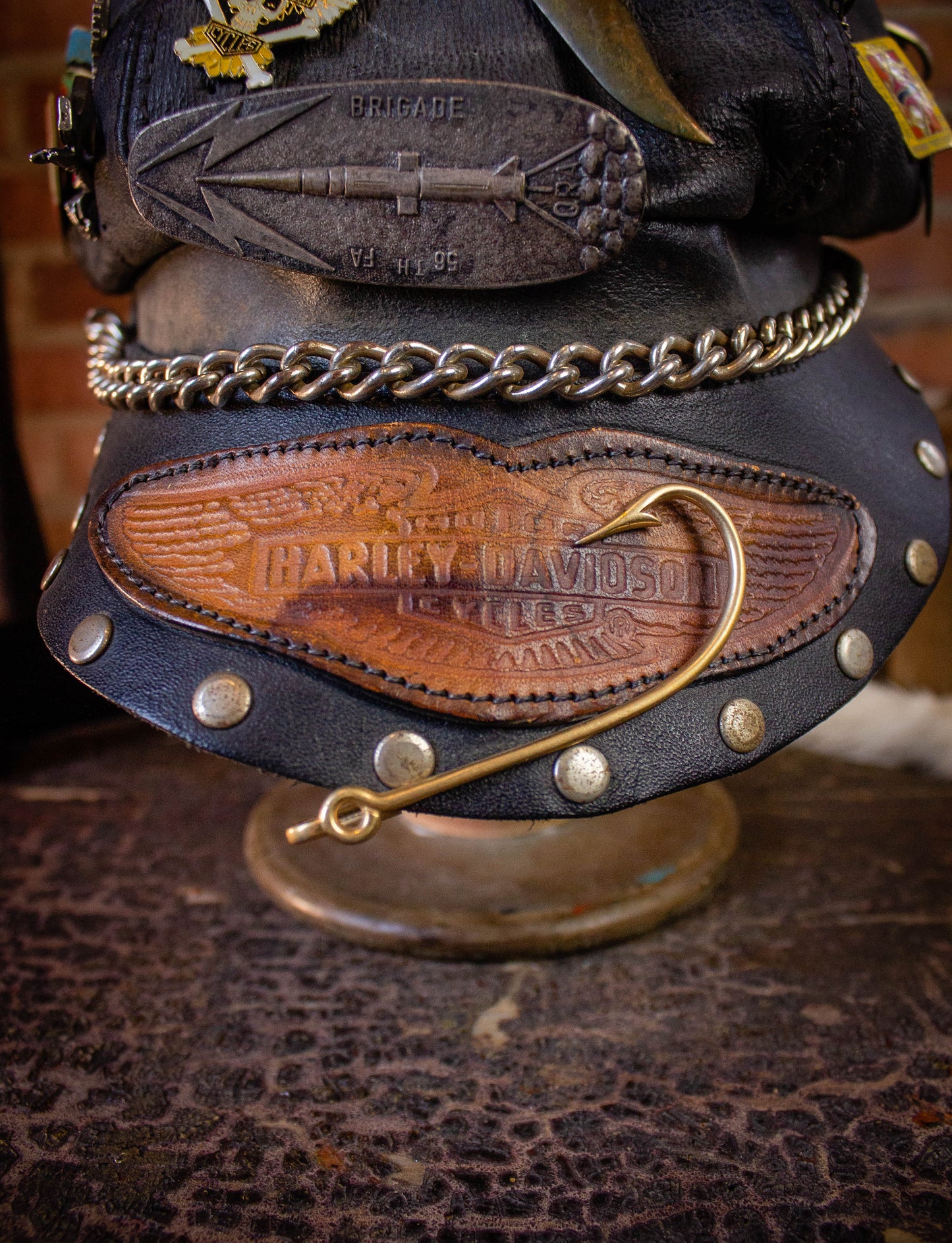 Vintage Harley Davidson Leather Biker Hat with Pins 70s/80s Black