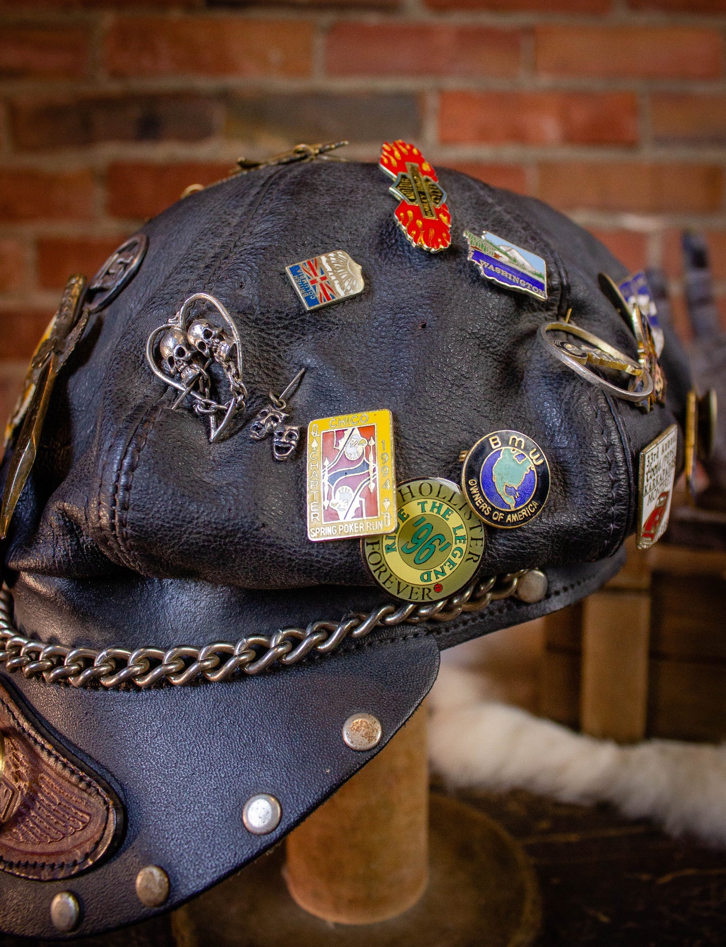 Vintage Harley Davidson Leather Biker Hat with Pins 70s/80s Black