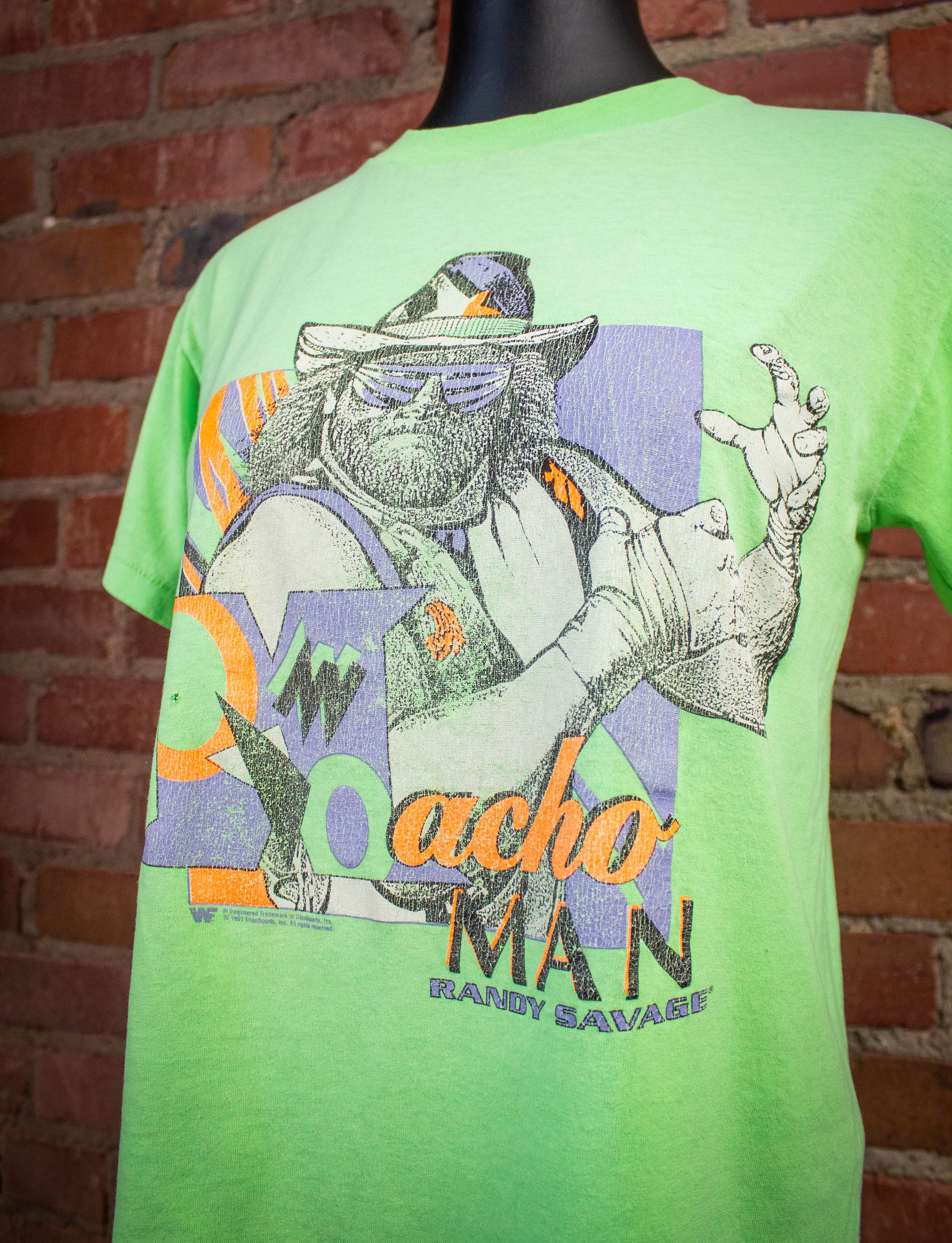 Vintage WWF Macho Man Randy Savage Graphic T Shirt 1991 Neon Green XS