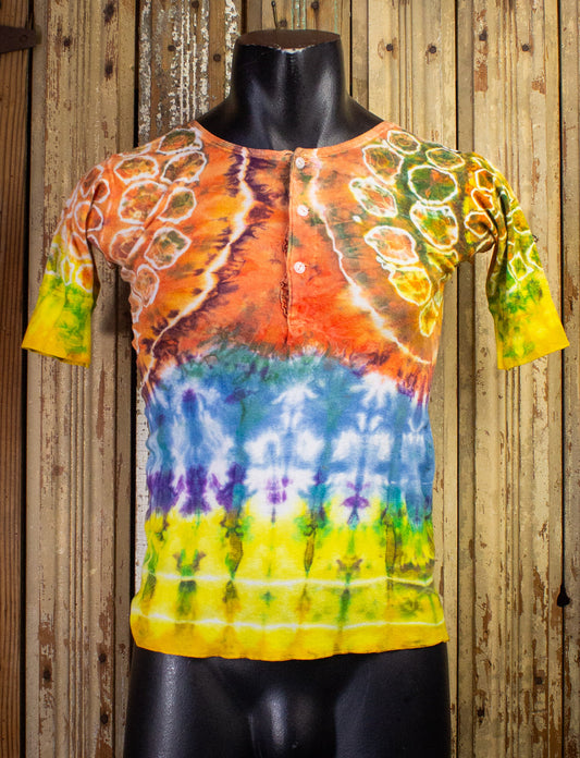 Vintage Mihitabel Tie Die Henley Shirt 60s Orange, Yellow, Blue, and Purple Small