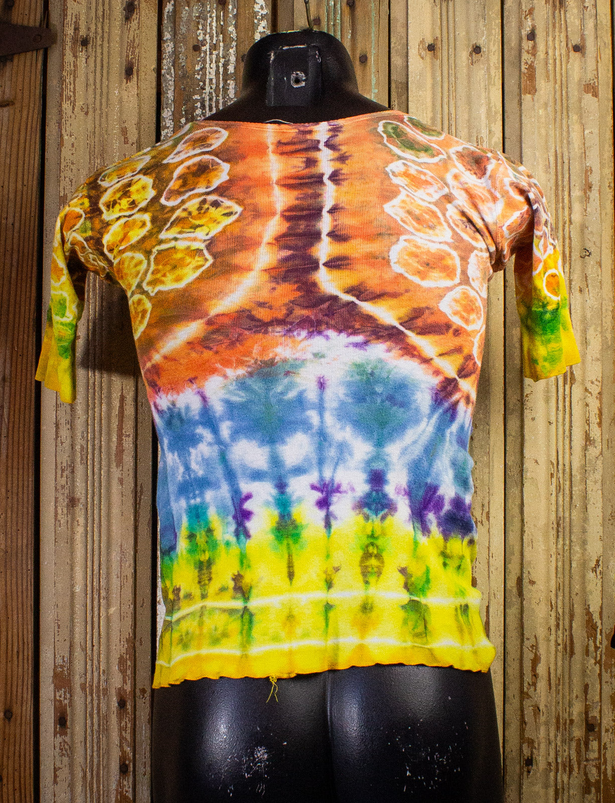 Vintage Mihitabel Tie Die Henley Shirt 60s Orange, Yellow, Blue, and Purple Small