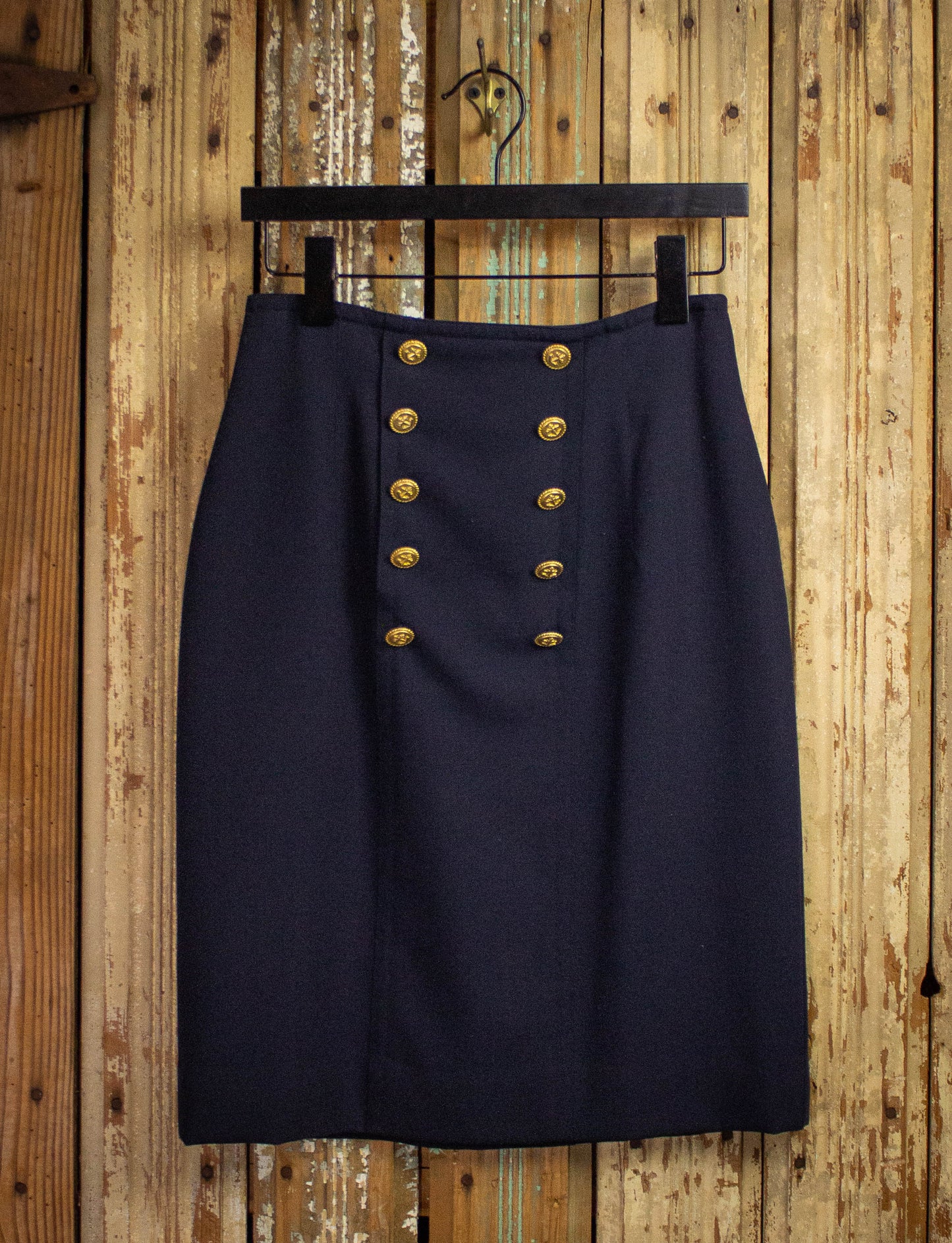 Vintage Mondi Navy Blue Skirt with Gold Buttons 80s 27w