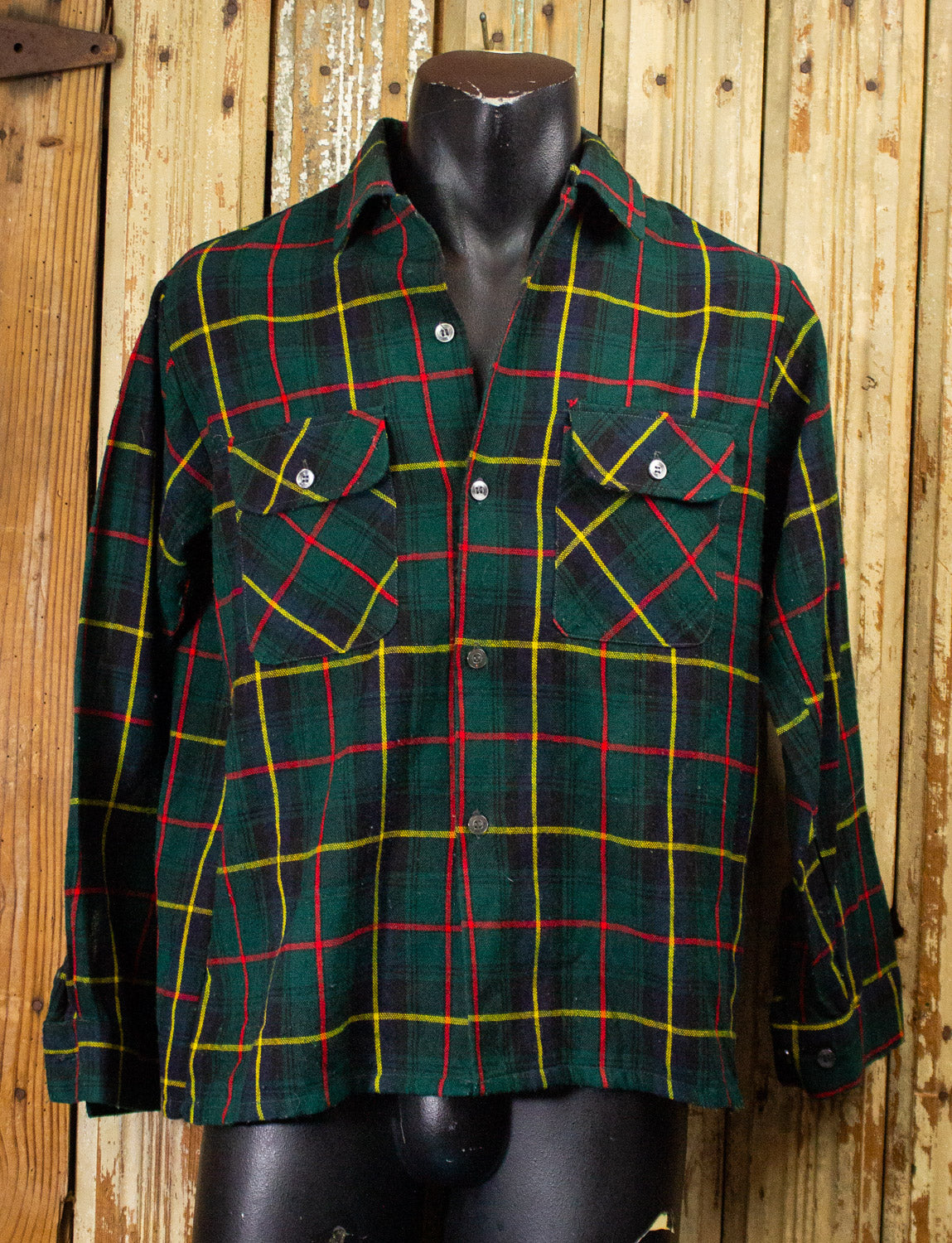 Vintage Green, Yellow, and Red Plaid Flannel Shirt Large