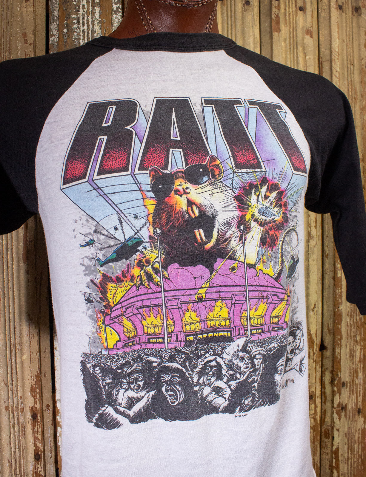 Vintage Ratt Patrol Raglan Concert T Shirt 1985 White/Black Large