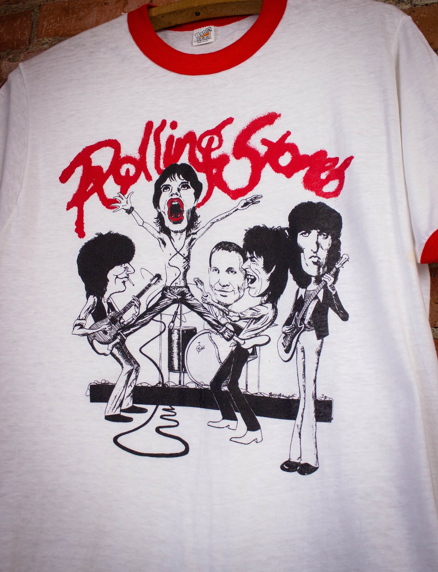 Vintage Rolling Stones Caricature Ringer Concert T Shirt 1978 White/Red Medium