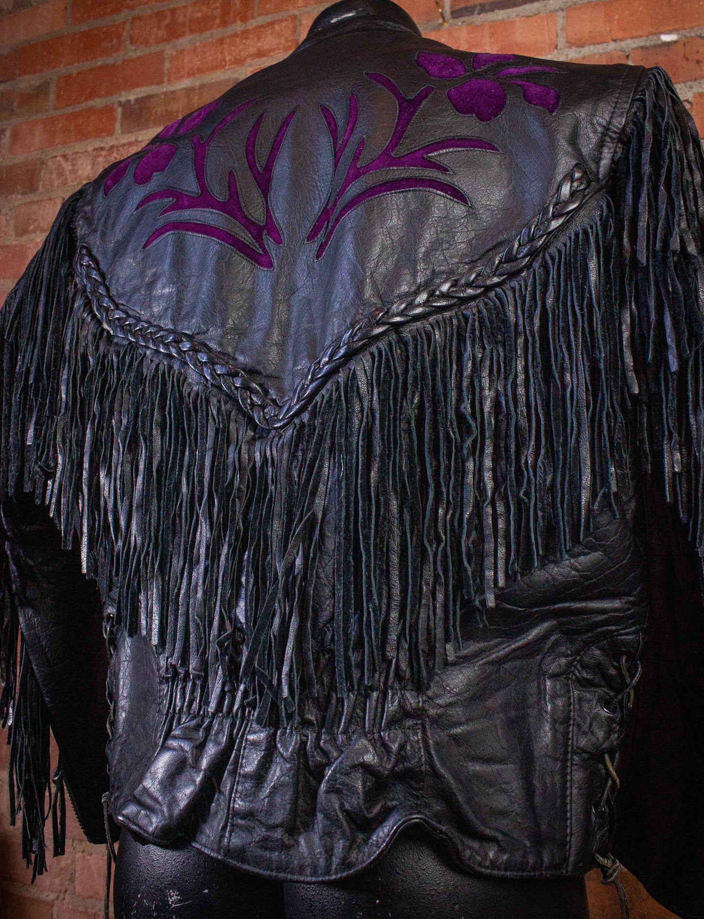 Vintage Rose Fringe Leather Jacket Black and Purple Medium