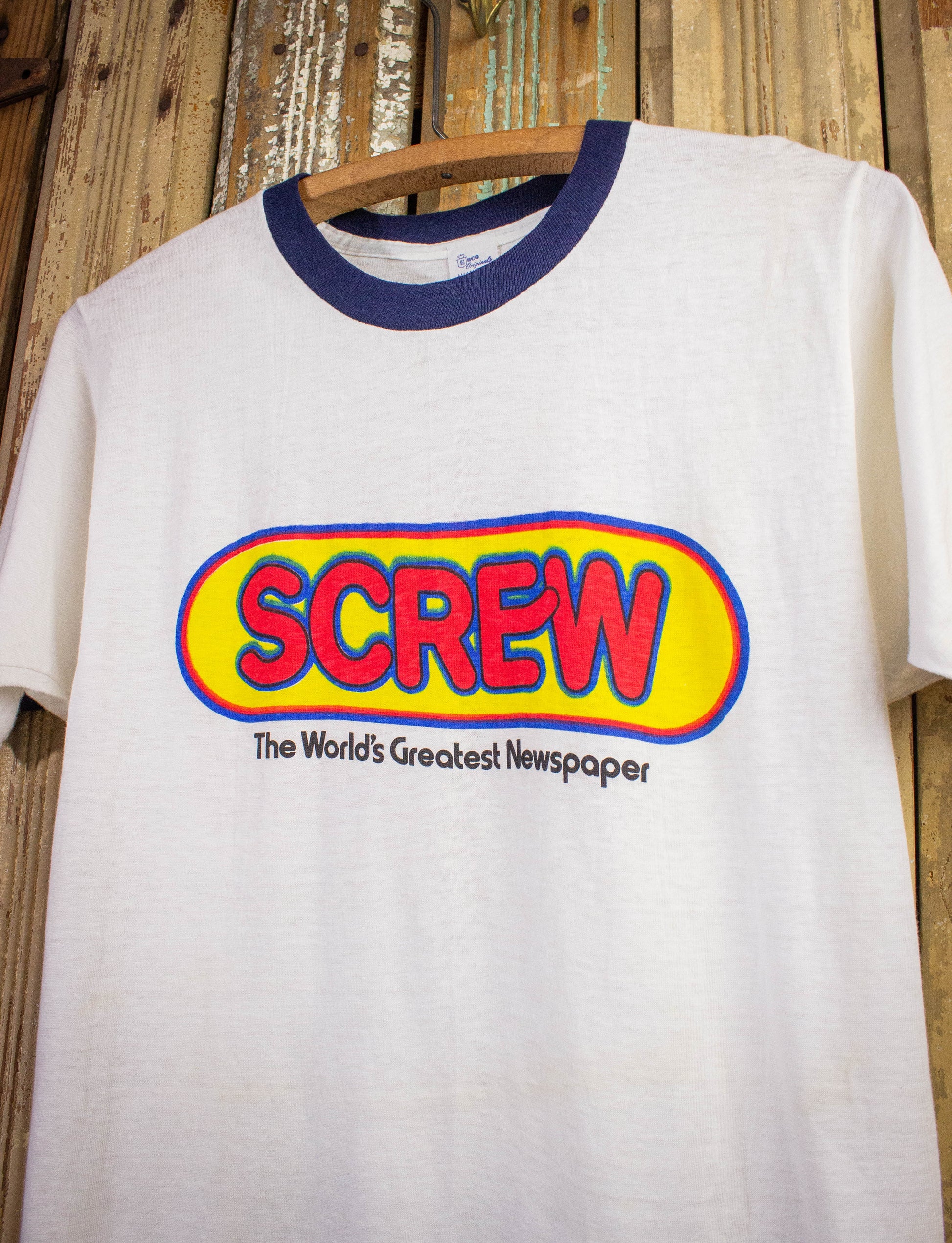 Vintage Screw Newspaper Graphic Ringer T Shirt 70s White Small