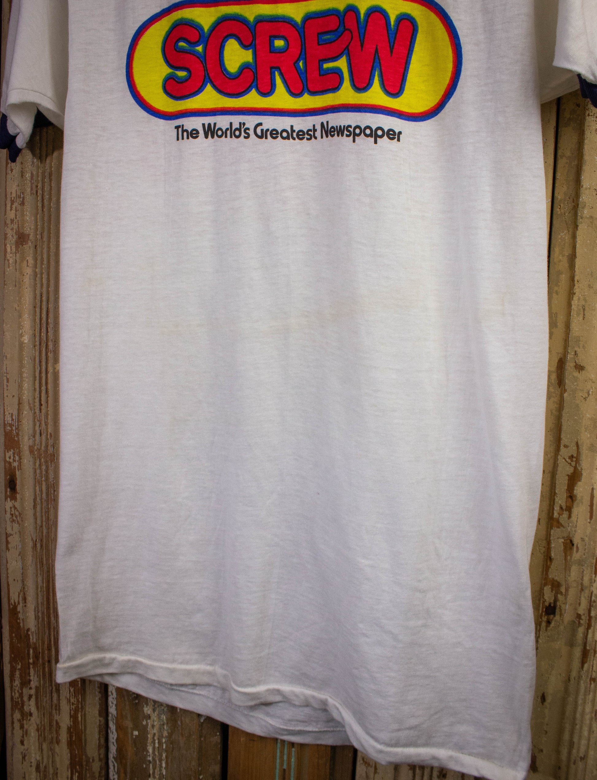 Vintage Screw Newspaper Graphic Ringer T Shirt 70s White Small