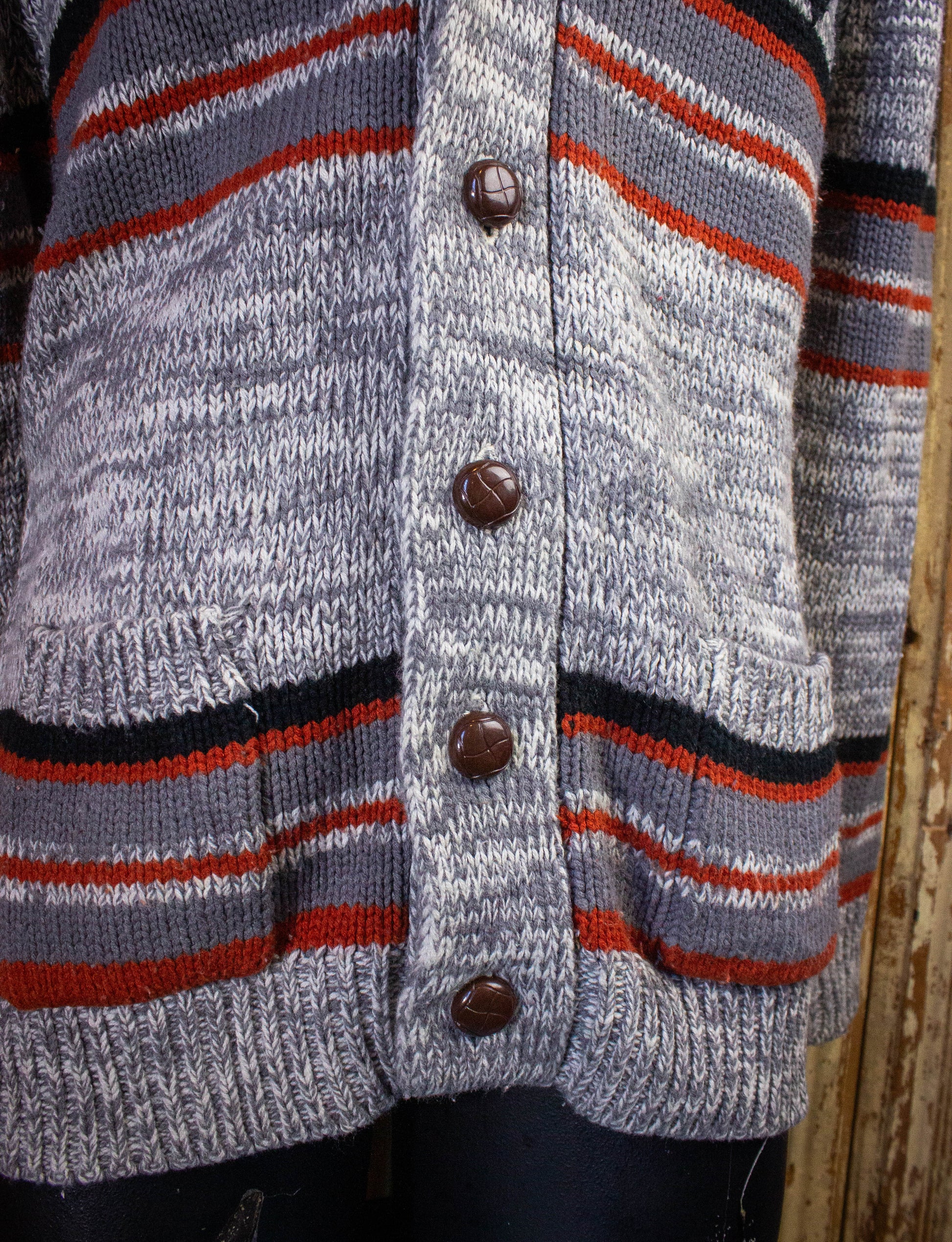 Vintage Sigallo Knit Cardigan 70s Gray/Red Large