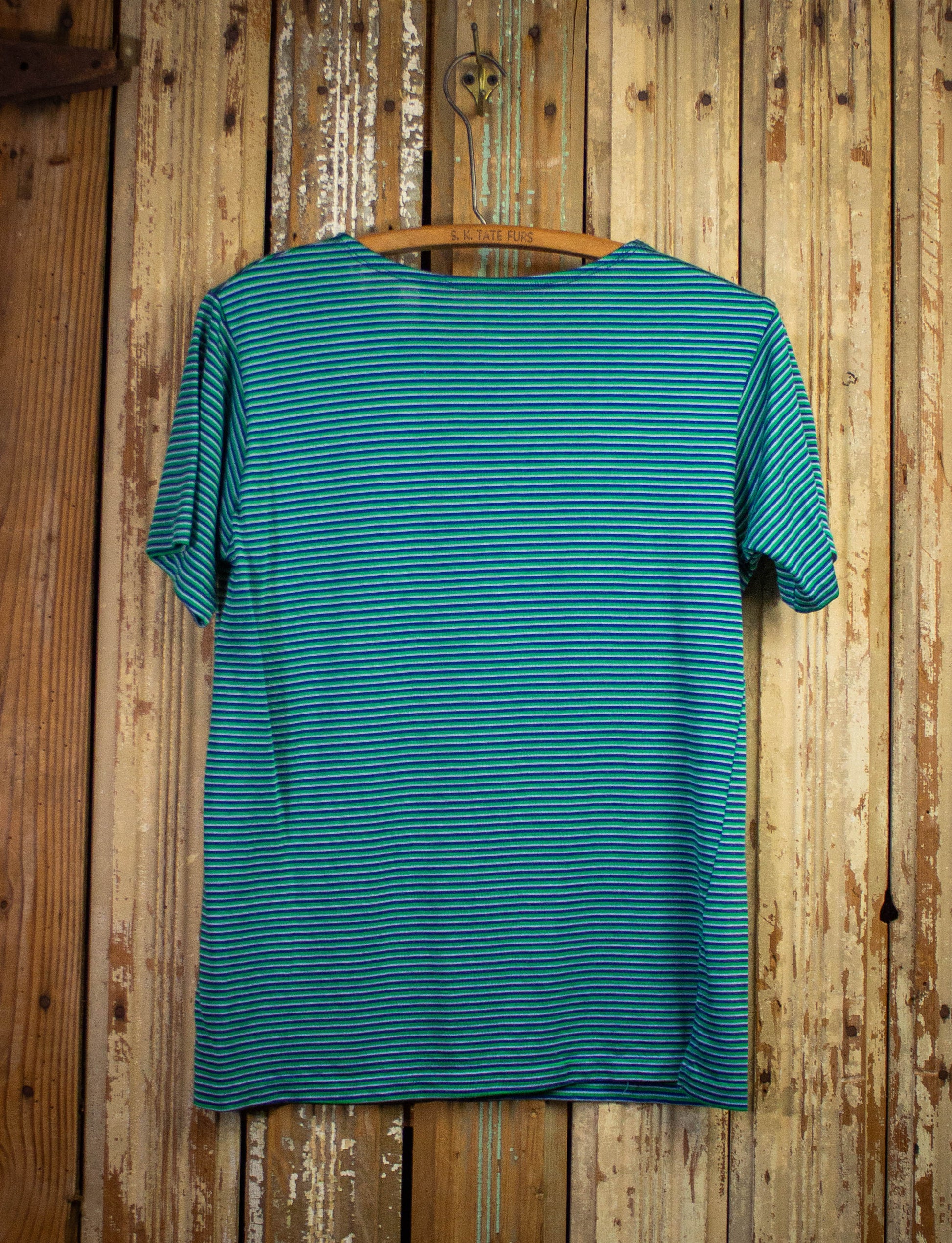 Vintage Striped T Shirt 70s Green, Blue, and White Medium