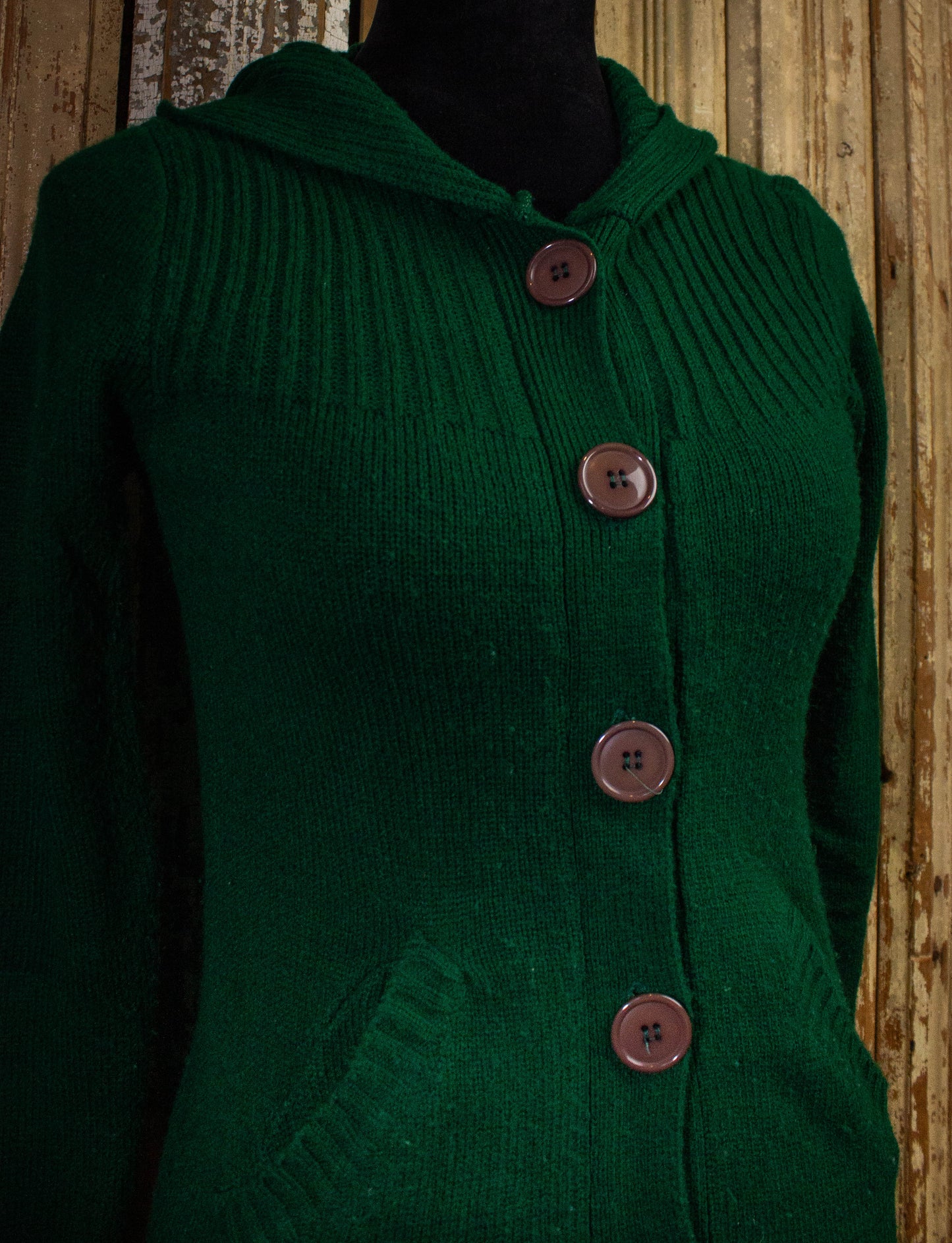 Vintage Tom Boy Knit Cardigan With Hood 70s Green XS