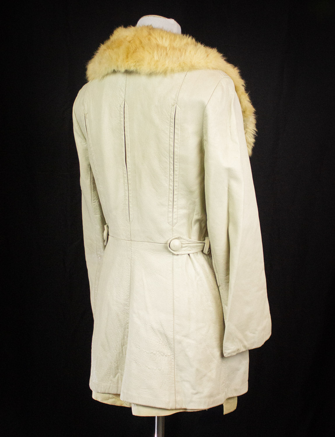 Vintage Women's White Leather Coat with Fur Collar 70s Small