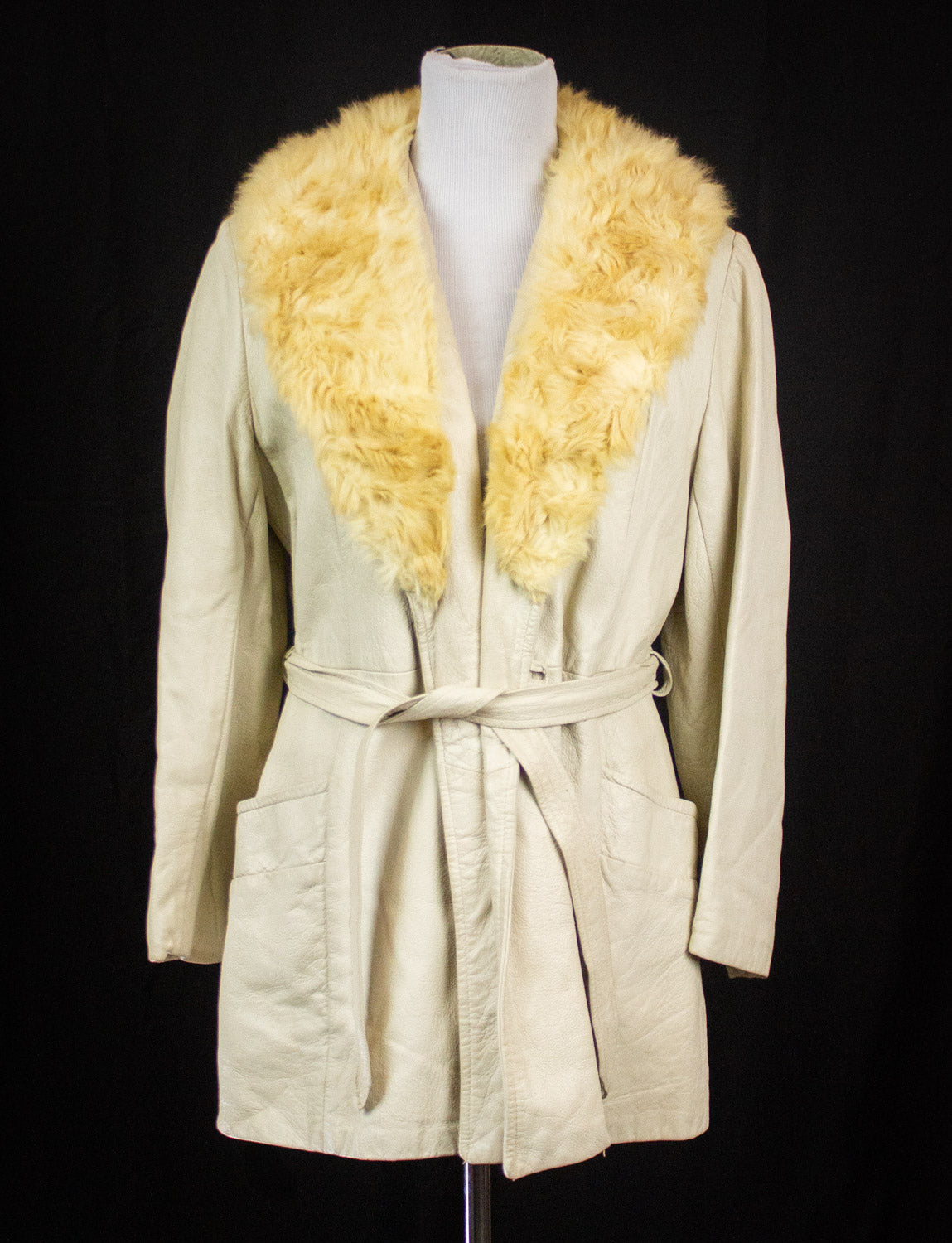 Vintage Women's White Leather Coat with Fur Collar 70s Small