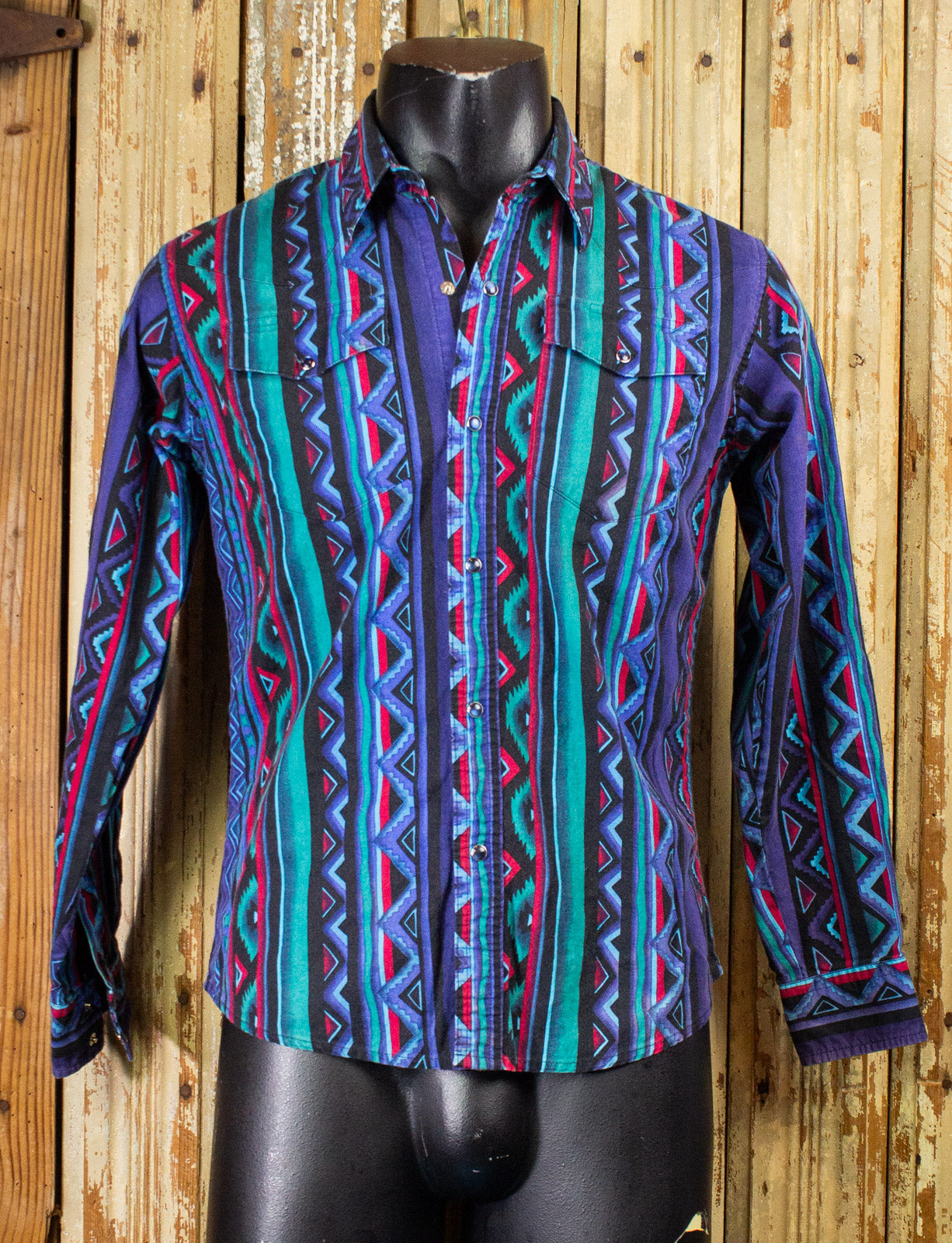 Vintage Wrangler Aztec Print Pearl Snap Western Shirt Blue Small