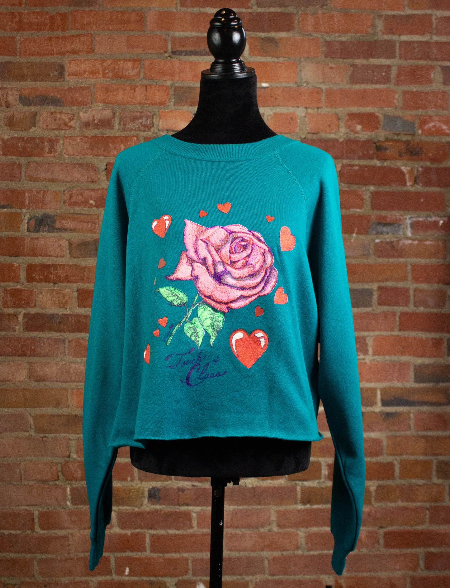 Vintage 1989 "Touch of Class" Rose Cropped Sweatshirt Teal XL