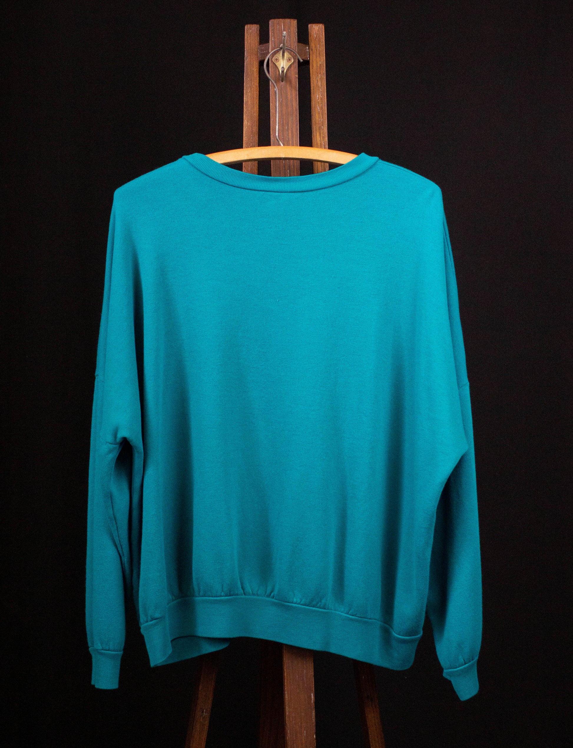 Vintage 80s Turquoise Female Portrait in Glitter Crewneck Sweatshirt L/XL