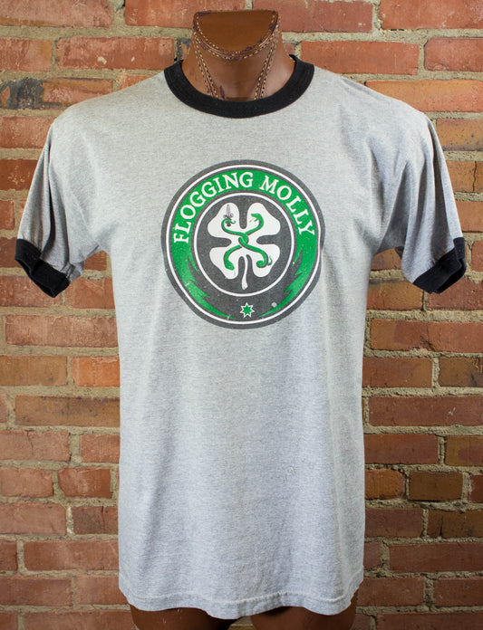 Flogging Molly 90s Shamrock Logo Grey Ringer Concert T Shirt Unisex Large