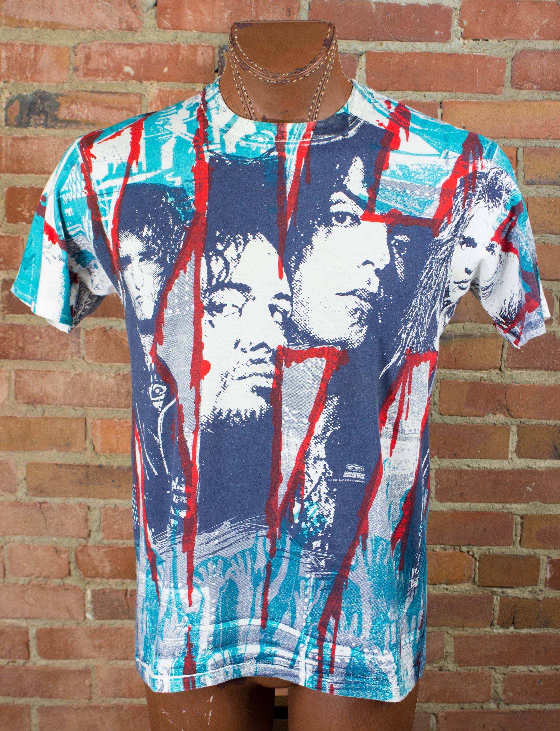 Kiss 1992 Revenge Tour Unholy Aqua Blue and Red All Over Print Concert T Shirt Unisex Medium-Large