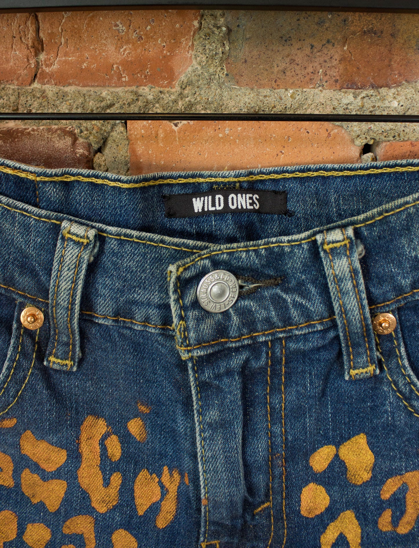 Levi's x Wild Ones Cut Off Denim Shorts 511 Slim Fit Gold Leopard Print 28 Waist