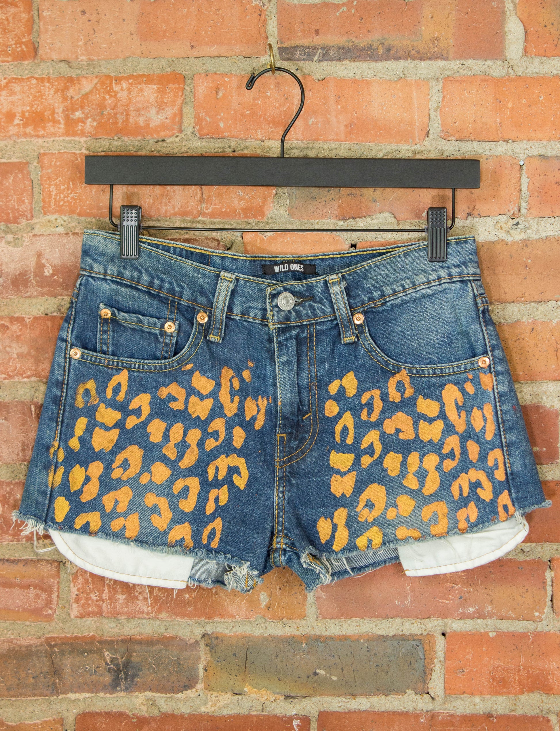 Levi's x Wild Ones Cut Off Denim Shorts 511 Slim Fit Gold Leopard Print 28 Waist