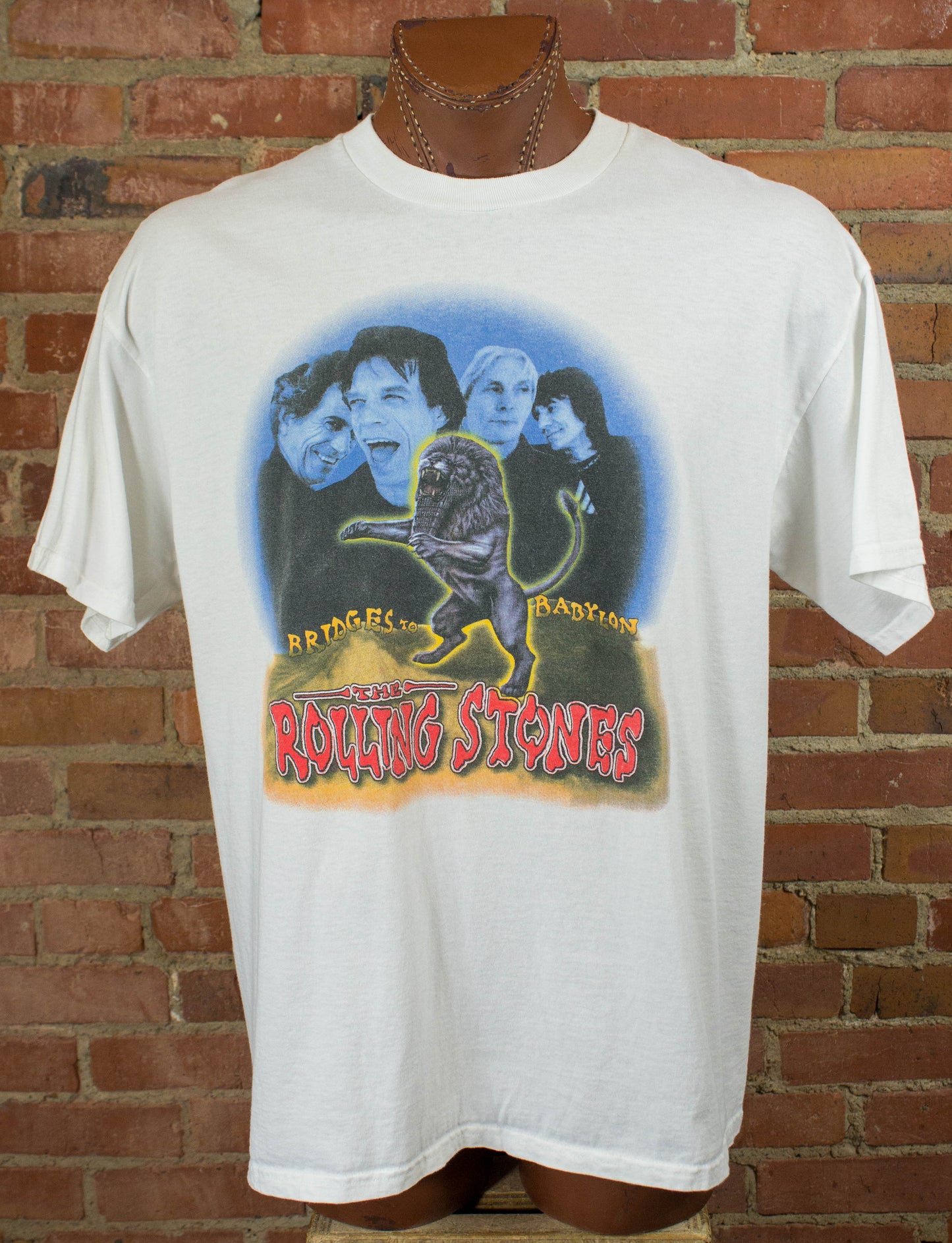 Vintage The Rolling Stones 1997 Bridges to Babylon Lion Logo and Band Members White Concert T Shirt Unisex XL