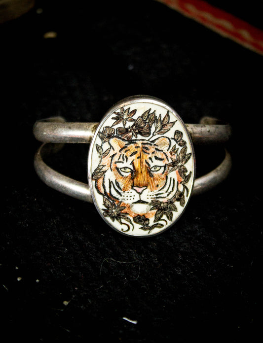 Vintage Carved & Painted Tiger Cuff Bracelet