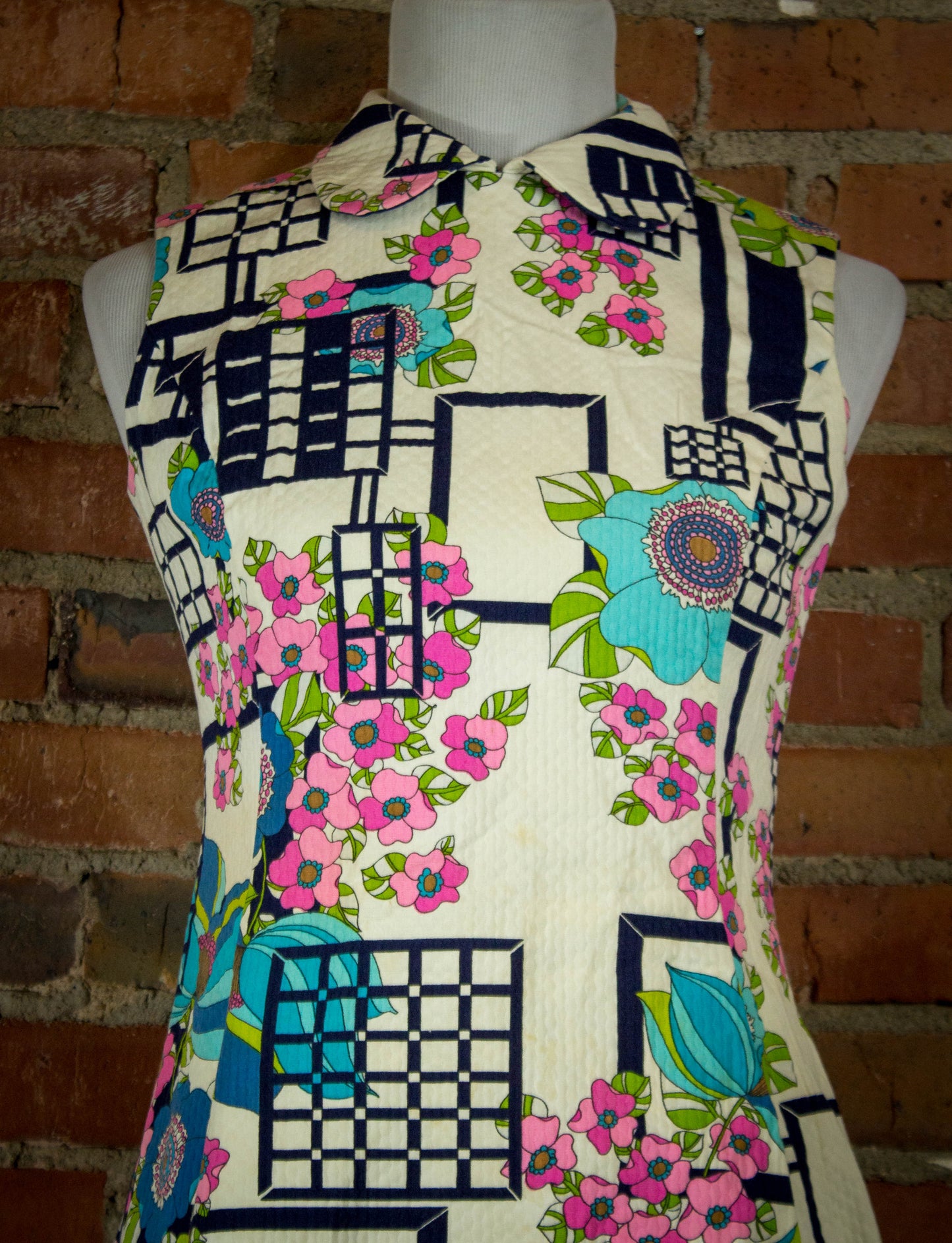 Vintage 60s Flower Geometric Sleeveless Dress Small