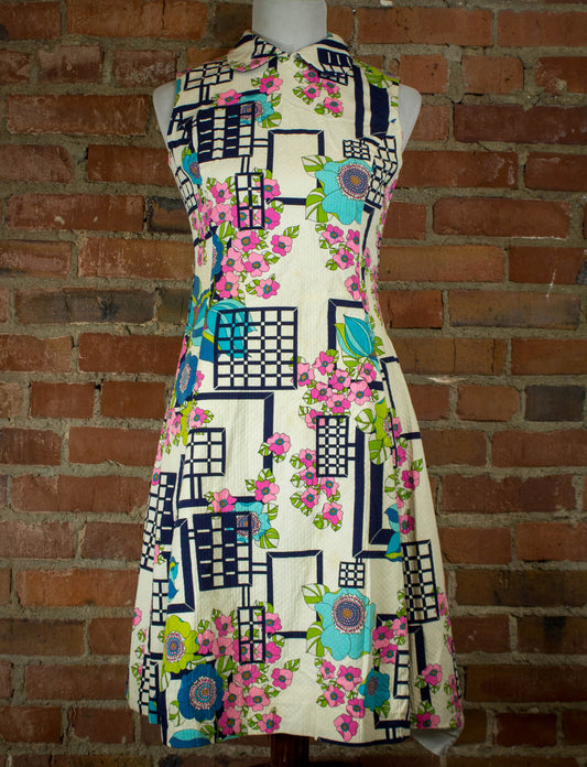 Vintage 60s Flower Geometric Sleeveless Dress Small